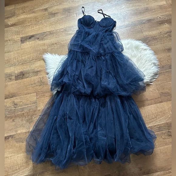 LULU’S Unforgettable Poise Navy Blue Tulle Bustier Tiered Maxi Dress - Picture 4 of 7